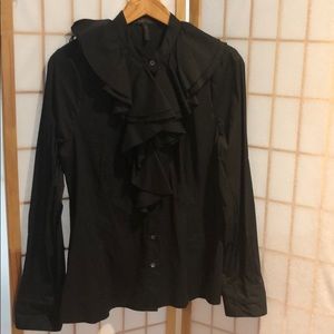 BCBG Sz L Black Button-down Blouse w/ Ruffles